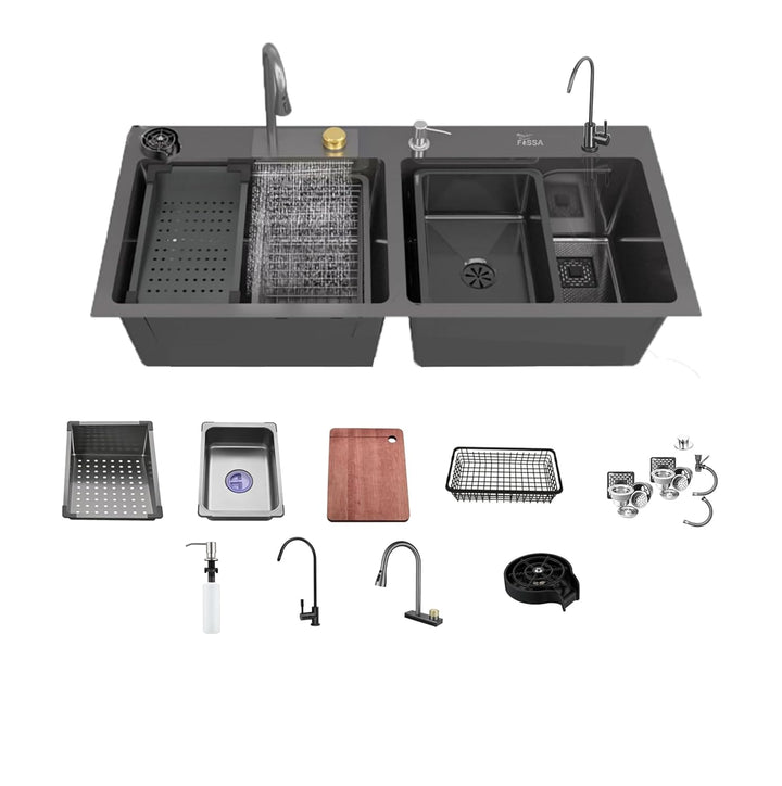 Double Bowl Waterfall Kitchen Sink Honeycomb Embossed Sink with black Nano Coating, Stainless Steel, Rectangular Workstation, faucet With all Accessories(Black) - 47"x18"x10"