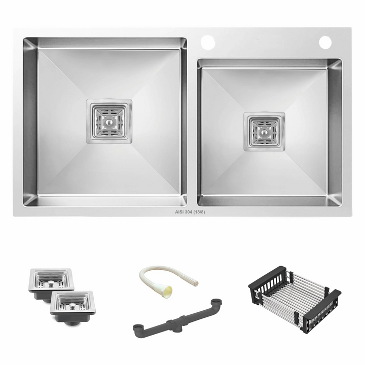 Handmade Double Bowl 304-Grade Kitchen Sink with Tap Hole (45 x 20 x 10 Inches)