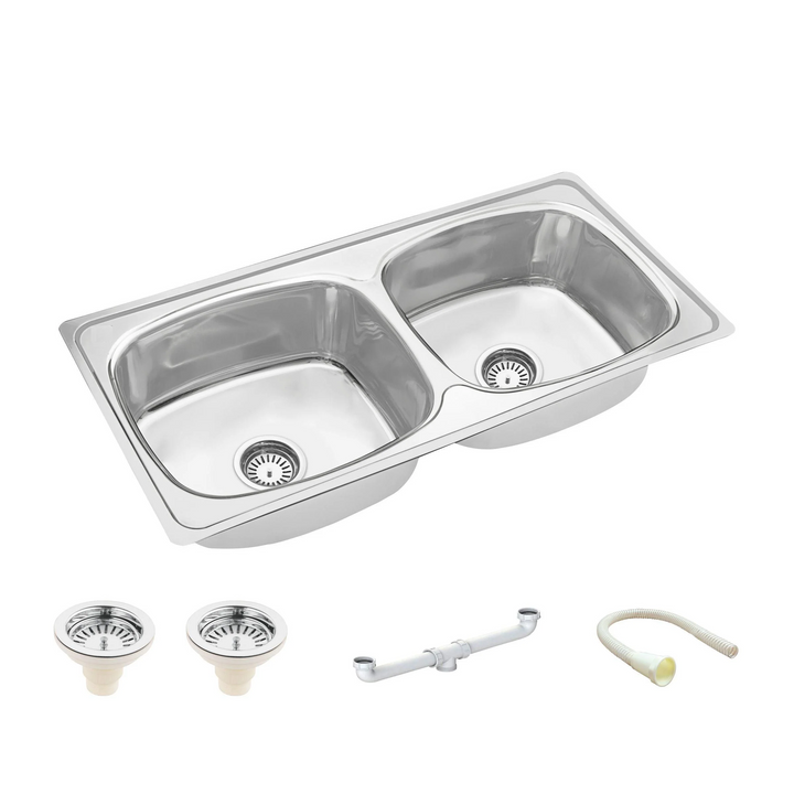 Round Double Bowl Kitchen Sink (37 x 18 x 8 Inches)