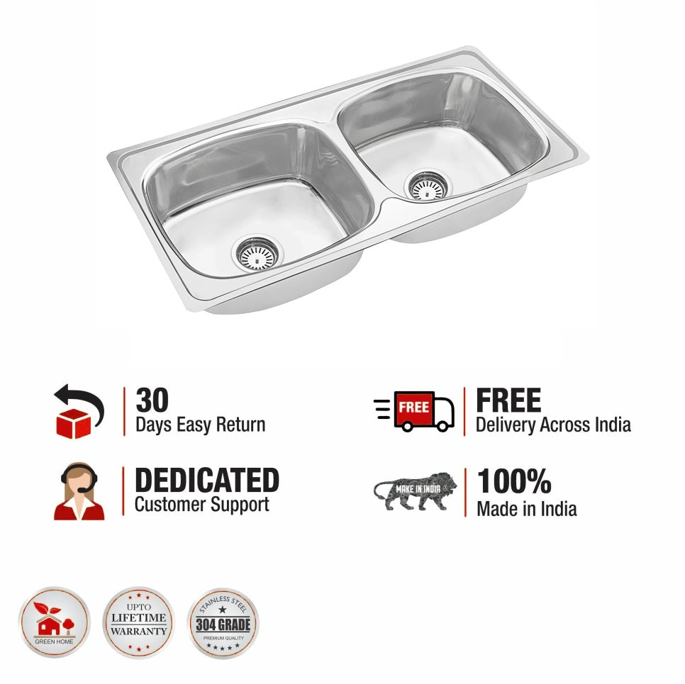 Round Double Bowl Kitchen Sink (37 x 18 x 8 Inches)