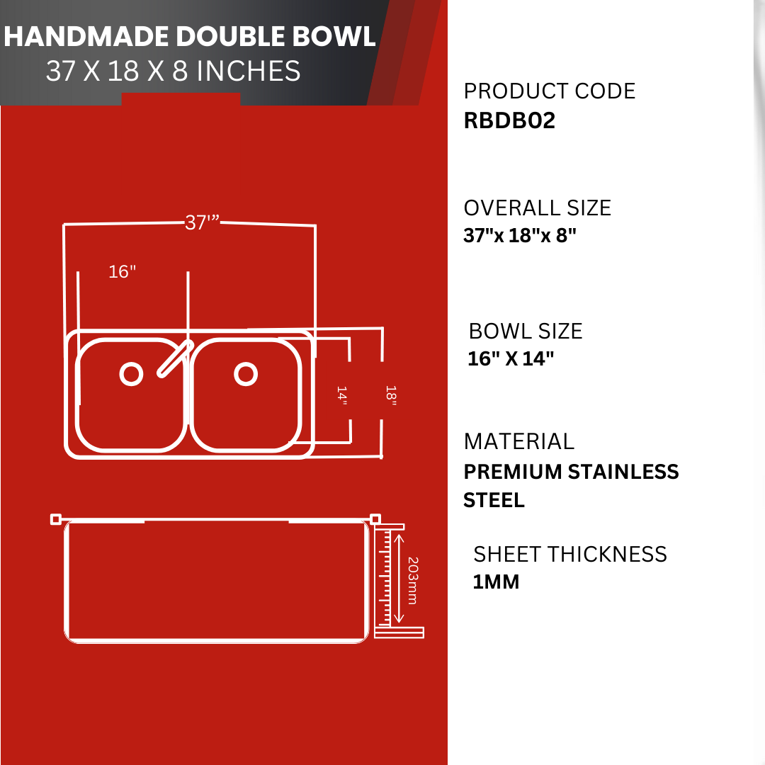 Round Double Bowl Kitchen Sink (37 x 18 x 8 Inches)