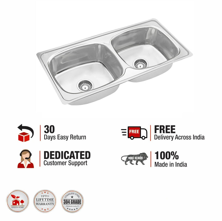 Round Double Bowl Kitchen Sink (45 x 20 x 9 Inches)