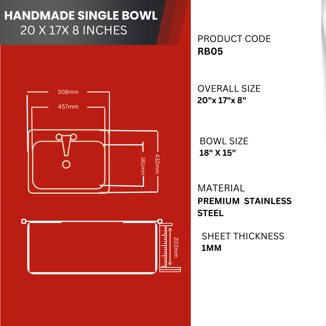 Round Single Bowl Kitchen Sink (20 x 17 x 8 Inches)