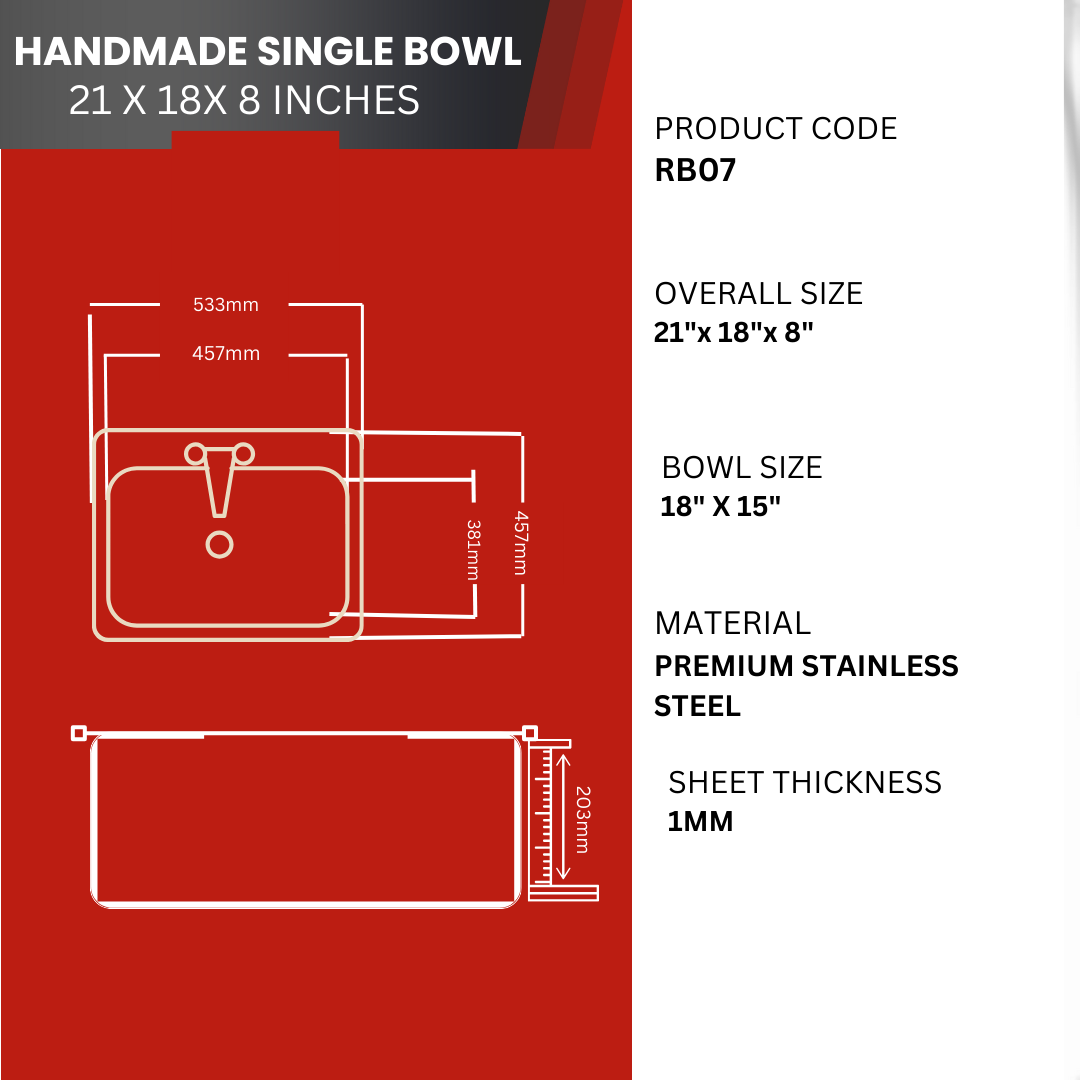 Round Single Bowl Kitchen Sink (21 x 18 x 8 Inches)