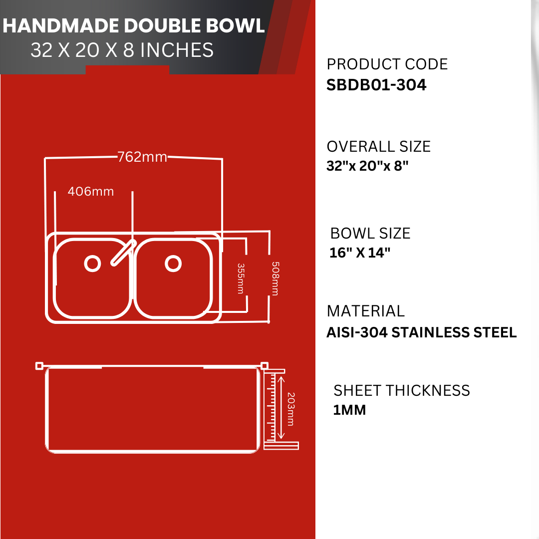 Square Double Bowl 304-Grade Kitchen Sink (32 x 20 x 8 Inches)