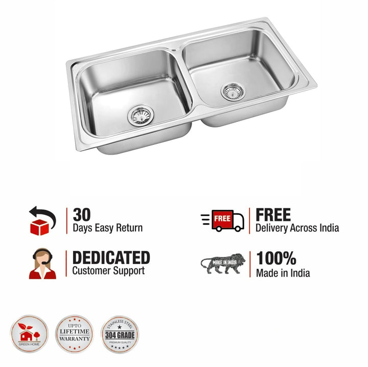 Square Double Bowl 304-Grade Kitchen Sink (32 x 20 x 8 Inches)