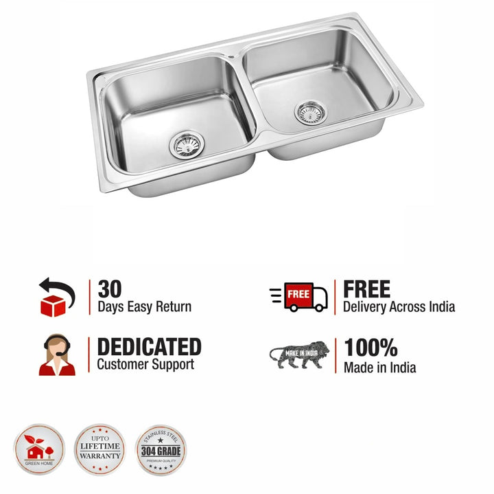 Square Double Bowl 304-Grade Kitchen Sink (37 x 18 x 8 Inches)