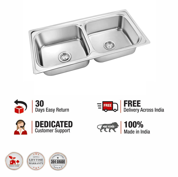 Square Double Bowl 304-Grade Kitchen Sink (45 x 20 x 9 Inches)