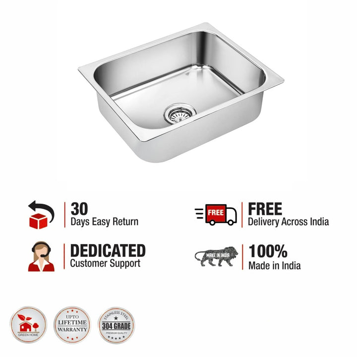 Square Single Bowl 304-Grade Kitchen Sink (18 x 16 x 8 Inches)