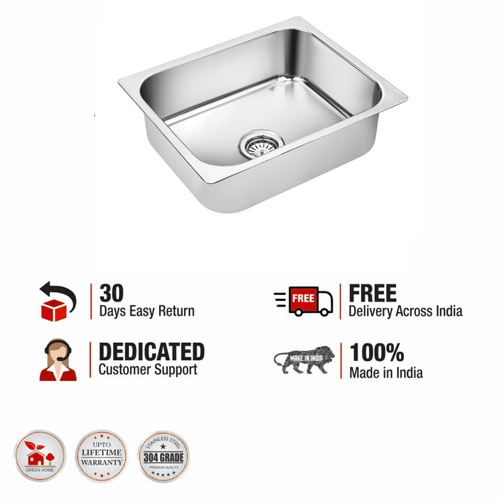 Square Single Bowl 304-Grade Kitchen Sink (20 x 17 x 8 Inches)