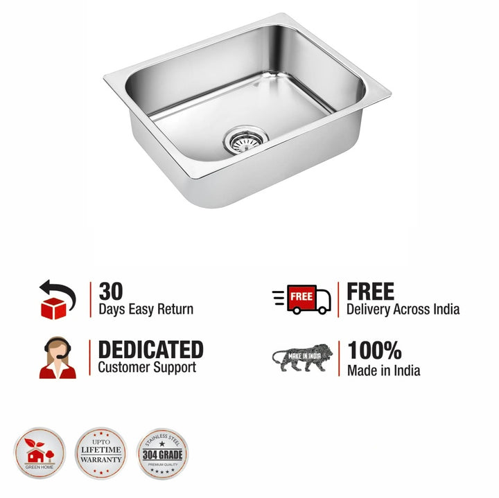 Square Single Bowl 304-Grade Kitchen Sink (21 x 18 x 8 Inches)