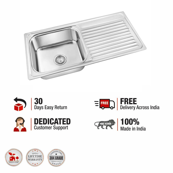 Square Single Bowl 304-Grade Kitchen Sink with Drainboard (37 x 18 x 8 Inches)